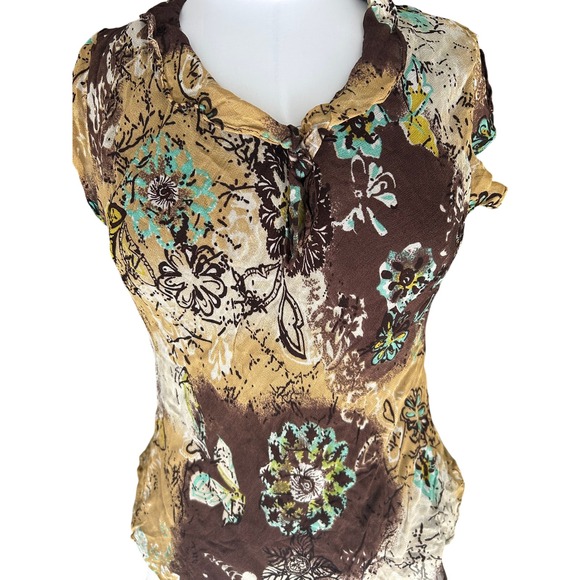 Style Co Petite Brown Floral Short Sleeve Button Neck Blouse Top Size 12P - Picture 5 of 6